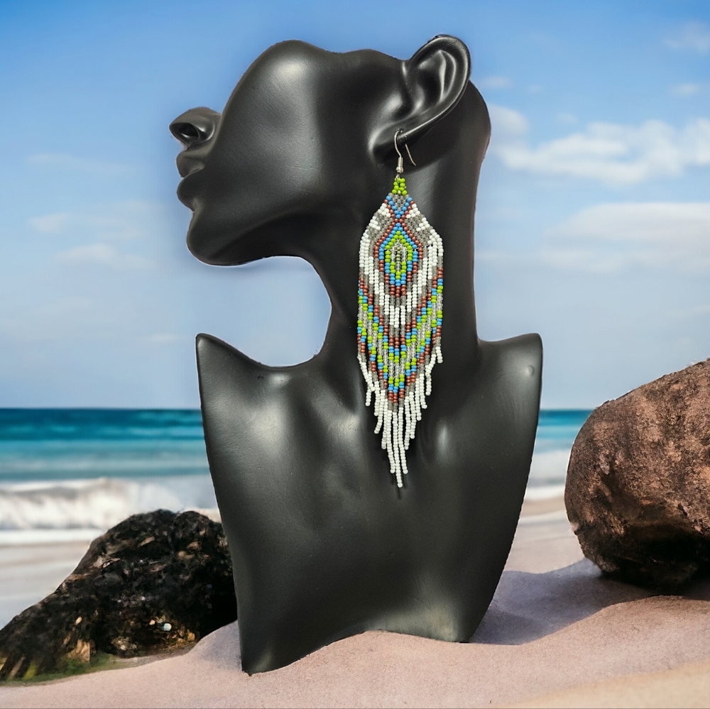 New! Southwest Boho Seed Bead White Tassle Earrings.